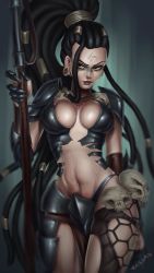 Rule 34 | 1girl, breasts, headhunter nidalee, holding, holding weapon, league of legends, lips, long hair, midriff, navel, nidalee, polearm, ponytail, skull, spear, tagme, thighs, very long hair, weapon, yellow eyes