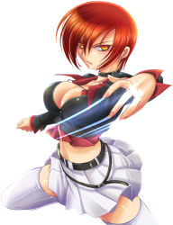 Rule 34 | 1girl, blush, breasts, cleavage, gender request, genderswap, kip, kouno yuki (kip), large breasts, midnight bliss, red hair, skirt, slit pupils, snk, solo, the king of fighters, thighhighs, yagami iori, yellow eyes, zettai ryouiki