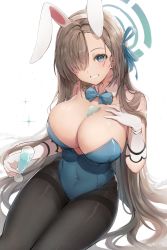 Rule 34 | 1girl, animal ears, asuna (blue archive), asuna (bunny) (blue archive), bare shoulders, between breasts, blue archive, blue eyes, blue leotard, bow, bowtie, breasts, cleavage, commentary request, covered navel, cup, detached collar, fake animal ears, gloves, hair bow, hair over one eye, highres, hiromaster sinta jh, holding, large breasts, leotard, light brown hair, long hair, looking at viewer, mole, mole on breast, pantyhose, parted lips, playboy bunny, rabbit ears, shiny clothes, shiny skin, simple background, sitting, smile, strapless, strapless leotard, traditional bowtie, white gloves