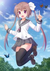 Rule 34 | 10s, 1girl, :d, black skirt, black thighhighs, blue sky, brown hair, bug, butterfly, cloud, commentary, commission, day, fang, full body, highres, index finger raised, insect, jumping, kazenokaze, lens flare, long hair, long sleeves, looking at viewer, momochi tamate, open mouth, outdoors, pleated skirt, purple eyes, school uniform, serafuku, shoes, skirt, sky, slow start, smile, solo, thighhighs, twintails, very long hair
