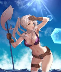 Rule 34 | 1girl, ;d, arm up, armpits, belt, belt skirt, bikini, blue sky, blush, breasts, brown eyes, brown gloves, cleavage, cowboy shot, day, facing away, fire emblem, fire emblem awakening, fish, gloves, jpeg artifacts, lens flare, long hair, looking away, medium breasts, nintendo, o-ring, o-ring bikini, o-ring top, one eye closed, open mouth, outdoors, polearm, purple bikini, robin (female) (fire emblem), robin (fire emblem), shading eyes, silver hair, sky, smile, solo, standing, sunlight, swimsuit, thigh strap, thighs, trident, twintails, wading, weapon, wet, zuizi