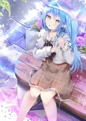 Rule 34 | 1girl, aizawa (aizawatsu), blue hair, blush, brown dress, cardigan, commentary request, dress, feet out of frame, flower, frilled dress, frills, grey cardigan, highres, holding, holding umbrella, hololive, hydrangea, knees together feet apart, leaf, long hair, long sleeves, looking away, looking up, official alternate costume, open cardigan, open clothes, plaid, plaid dress, pointy ears, purple flower, rain, revision, sitting, solo, transparent, transparent umbrella, umbrella, very long hair, virtual youtuber, yellow eyes, yukihana lamy, yukihana lamy (casual)