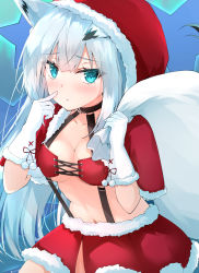 Rule 34 | 1girl, :&lt;, absurdres, animal ears, azur lane, black choker, blue background, blue eyes, blush, breasts, capelet, carrying over shoulder, choker, cleavage, closed mouth, collarbone, commentary request, cowboy shot, elbow gloves, finger to face, fox ears, fur-trimmed capelet, fur-trimmed skirt, fur trim, gloves, hair between eyes, highres, holding, holding sack, hood, hood up, hooded capelet, kawakaze (azur lane), long hair, looking at viewer, medium breasts, midriff, navel, red capelet, red skirt, ryou (ryo 217cafe), sack, sidelocks, silver hair, skirt, solo, standing, star (symbol), starry background, suspender skirt, suspenders, underboob, white gloves