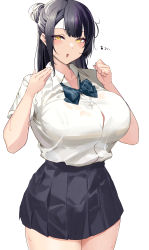 Rule 34 | 1girl, :o, absurdres, black hair, black skirt, blush, breasts, collared shirt, cowboy shot, hands up, highres, large breasts, long hair, looking at viewer, namazu (yamasonson), open mouth, original, pleated skirt, school uniform, shirt, shirt tucked in, short sleeves, simple background, skirt, solo, white background, white shirt, yellow eyes