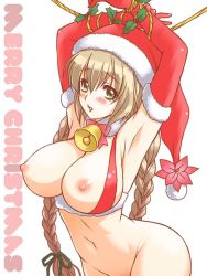 Rule 34 | 1girl, armpits, arms up, bdsm, bell, blush, bondage, bottomless, bound, braid, breasts, brown hair, collar, elbow gloves, english text, female focus, flower, gloves, green eyes, hair ribbon, hat, kuroda akimi, large breasts, long hair, looking at viewer, merry christmas, navel, neck bell, nipples, original, red gloves, ribbon, rope, santa hat, simple background, solo, text focus, twin braids