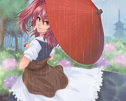 Rule 34 | 1girl, bohe, dress, female focus, flower, from behind, hair bobbles, hair ornament, hydrangea, long hair, looking at viewer, looking back, oil-paper umbrella, onozuka komachi, outdoors, pagoda, rain, red eyes, red hair, smile, solo, standing, touhou, tree, twintails, umbrella