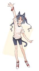 Rule 34 | 1girl, animal ear fluff, animal ears, arm up, black hair, black shorts, bracelet, bright pupils, cat ears, cat girl, cat tail, cross-laced footwear, fang, full body, highres, jewelry, kasa (hitori sanka), long hair, looking at viewer, open mouth, original, red eyes, red footwear, shirt, shoes, shorts, simple background, skin fang, sneakers, solo, standing, tail, two side up, waving, white pupils, white shirt, yellow background