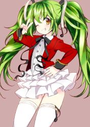 Rule 34 | 1girl, green hair, grin, hand on own hip, hatsune miku, highres, long hair, manyuu kaeru tasuke sansei, musical note, one eye closed, revision, simple background, skirt, smile, solo, thighhighs, twintails, v, very long hair, vocaloid, wink, yellow eyes
