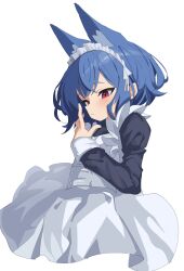 Rule 34 | 1girl, absurdres, apron, black dress, blue hair, blush, closed mouth, commentary, dress, hand up, highres, juliet sleeves, long sleeves, maid, maid apron, maid headdress, myakuro, original, puffy sleeves, red eyes, simple background, sleeves past wrists, solo, symbol-only commentary, white apron, white background