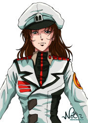 Rule 34 | 1980s (style), 1girl, brown hair, commentary, english commentary, good end, hat, hayase misa, highres, long hair, macross, macross flashback 2012, military, military uniform, neldorwen, official style, oldschool, portrait, retro artstyle, scan, science fiction, serious, signature, simple background, sketch, u.n. spacy, uniform, upper body