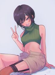 Rule 34 | 1girl, absurdres, arm support, asymmetrical legwear, bare arms, bare shoulders, black hair, brown eyes, commentary, cropped sweater, english commentary, final fantasy, final fantasy vii, final fantasy vii rebirth, final fantasy vii remake, green sweater, grey background, headband, highres, kokomi (aniesuakkaman), looking at viewer, midriff, navel, open fly, parted lips, ribbed sweater, short hair, shorts, signature, sitting, sleeveless, sleeveless turtleneck, smile, solo, sweater, turtleneck, turtleneck sweater, v, yuffie kisaragi