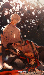 Rule 34 | 2boys, absurdres, blood, blood on clothes, cape, earrings, closed eyes, fur, highres, jewelry, long hair, multiple boys, open mouth, short hair, sky: children of the light, sparkle, text focus, white hair