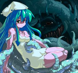 Rule 34 | blue hair, dress, hat, highres, ikamusume, long hair, monster, shinryaku! ikamusume, solo, spider-ma, teeth, tentacle hair, tentacles, torn clothes