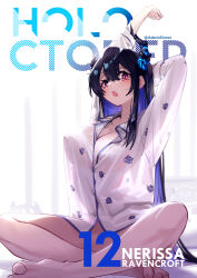 Rule 34 | 1girl, absurdres, adarin, asymmetrical horns, black hair, blue hair, breasts, cleavage, collared shirt, colored inner hair, covered erect nipples, crossed legs, crystal horns, demon horns, hair ornament, highres, hololive, hololive english, horn flower, horns, large breasts, legs, long hair, long sleeves, looking at viewer, mole, mole under eye, multicolored hair, nerissa ravencroft, nipples, no bra, no panties, pajamas, red eyes, see-through, shirt, sitting, slit pupils, solo, split-color hair, straight hair, stretching, swept bangs, tassel, tassel hair ornament, two-tone hair, uneven horns, very long hair, virtual youtuber, white shirt
