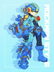 Rule 34 | 1boy, arm cannon, arms at sides, assembling, blue background, bodysuit, frown, full body, green eyes, legs apart, looking at viewer, male focus, mega man (series), mega man battle network, mega man battle network (series), megaman.exe, nakayama tooru, one eye covered, solo, weapon