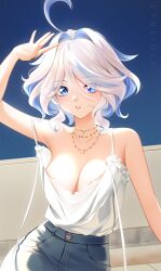 Rule 34 | 1girl, ahoge, alternate breast size, alternate costume, bare arms, bare shoulders, breasts, cleavage, denim, furina (genshin impact), genshin impact, hands up, highres, jeans, jewelry, large breasts, lips, lyusiola, necklace, pants, parted lips, shirt, solo, strap slip, white shirt