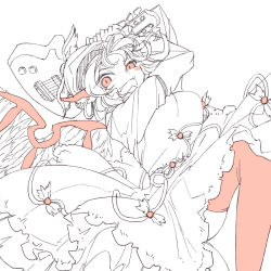 Rule 34 | 1girl, animal ears, bird ears, bird wings, blush stickers, dress, earrings, electric guitar, frilled dress, frills, guitar, holding, holding instrument, instrument, jewelry, limited palette, long sleeves, mystia lorelei, open mouth, short hair, simple background, single earring, smile, solo, thighhighs, toriga naku, touhou, white background, winged hat, wings