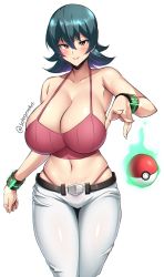 Rule 34 | 1girl, absurdres, alternate breast size, artist name, bare shoulders, belt, blush, bracelet, breasts, chromatic aberration, cleavage, collarbone, creatures (company), crop top, game freak, green hair, hair between eyes, halterneck, highres, huge breasts, jewelry, navel, nintendo, pants, poke ball, pokemon, pokemon hgss, red eyes, sabrina (pokemon), shiny skin, short hair, simple background, skindentation, sleeveless, smile, sole gem, solo, stomach, telekinesis, thighs, thong, tight clothes, tight pants, white background, white pants