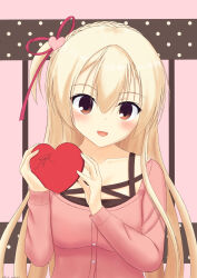 1girl 2025 :d absurdres amairo_islenauts blonde_hair blush box brown_eyes collarbone commentary_request dated_commentary gift hair_between_eyes hair_ornament hair_ribbon hands_up heart heart-shaped_box heart_hair_ornament highres holding holding_gift long_hair long_sleeves looking_at_viewer maruchicken20 one_side_up open_mouth pink_background red_ribbon ribbon shirley_warwick simple_background smile solo upper_body valentine