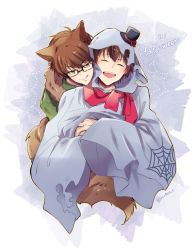 Rule 34 | 2boys, :p, ace of diamond, animal ears, brown eyes, brown hair, costume, couple, closed eyes, ghost, ghost costume, green shirt, halloween, halloween costume, hat, hug, hug from behind, kitanti, licking lips, looking at another, mini hat, mini top hat, miyuki kazuya, multiple boys, open mouth, sawamura eijun, shirt, short hair, smile, tail, teeth, tongue, tongue out, top hat, twitter username, upper teeth only, wolf boy, wolf ears, wolf tail, yaoi