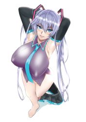 Rule 34 | 1girl, armpits, arms up, barefoot, blue eyes, bottomless, breasts, covered erect nipples, detached sleeves, full body, hair between eyes, hatsune miku, highres, huge breasts, long hair, necktie, purple hair, saggitary, simple background, skirt, unworn skirt, solo, tongue, tongue out, twintails, very long hair, vocaloid, white background