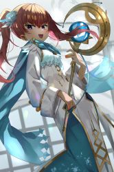 Rule 34 | 1girl, absurdres, bad id, bad pixiv id, blue scarf, chil0107, dress, feather trim, fire emblem, fire emblem: the blazing blade, fire emblem heroes, flower, fur trim, hair between eyes, hair flower, hair ornament, highres, holding, holding staff, long dress, long hair, looking at viewer, nintendo, official alternate costume, open mouth, pink hair, purple eyes, scarf, serra (fire emblem), solo, staff, teeth, twintails, upper teeth only