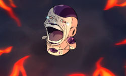 Rule 34 | 1boy, alien, amputee, artist request, blood, blood on face, chopper crying (meme), crying, crying with eyes open, dragon ball, dragonball z, fire, frieza, full body, highres, injury, looking up, meme, mucus, one piece, open mouth, parody, pectorals, red eyes, sad, saliva, simple background, solo, tears, teeth