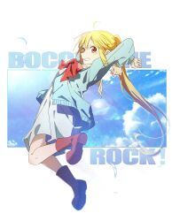 Rule 34 | 1girl, absurdres, ahoge, arched back, arms behind head, arms up, blonde hair, blue cardigan, blue dress, bocchi the rock!, boots, cardigan, clenched teeth, cloud, copyright name, dress, feathers, full body, highres, ijichi nijika, long hair, long sleeves, neck ribbon, orange eyes, ponytail, profile, red footwear, red ribbon, ribbon, sky, solo, teeth, very long hair, yoru kiri