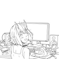 Rule 34 | 1girl, arsenixc, bad id, bad twitter id, blush, bottle, chips (food), cup, drawing tablet, food, from behind, greyscale, highres, horns, horny (arsenixc), keyboard (computer), lineart, looking back, monitor, monochrome, mouse (computer), open mouth, original, pencil, plate, pointy ears, shirt, short hair, sitting, sleeveless, sleeveless shirt, solo, speaker, stylus, surprised, table, tears, template, wacom, water bottle, wavy mouth, webcam