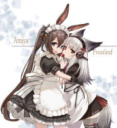 Rule 34 | 2girls, :d, absurdres, alternate costume, amiya (arknights), animal ears, apron, arknights, bell, black dress, black gloves, black hairband, black nails, blue eyes, brown hair, character name, commentary request, cowboy shot, dress, enmaided, food, fox ears, fox tail, frostleaf (arknights), fruit, gloves, hair between eyes, hairband, highres, hug, jingle bell, long hair, looking at viewer, maid, maid apron, maid headdress, multiple girls, nail polish, open mouth, partial commentary, petticoat, puffy short sleeves, puffy sleeves, rabbit ears, short sleeves, silver hair, smile, sokosoko fuan, standing, strawberry, tail, very long hair, white apron
