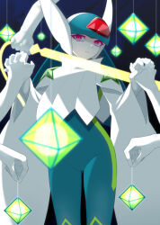 Rule 34 | 1girl, commentary request, eyelashes, gem, green hair, helmet, highres, hitotose9, holding, holding hands, holding weapon, long hair, long sleeves, looking at viewer, mega man (series), mega man battle network, mega man battle network (series), red eyes, skin tight, slur.exe (mega man), solo focus, weapon