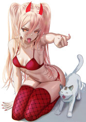 Rule 34 | 1girl, \n/, arm support, bare shoulders, bra, breasts, cat, chainsaw man, cross-shaped pupils, demon horns, eyelashes, fingernails, hair between eyes, highres, horns, kein hasegawa, long hair, looking at viewer, nail polish, open mouth, orange eyes, panties, pink hair, pointing, pointing at viewer, power (chainsaw man), red bra, red horns, red nails, red panties, red thighhighs, seiza, shadow, sharp fingernails, sharp teeth, simple background, sitting, small breasts, solo focus, stomach, symbol-shaped pupils, teeth, thighhighs, thighs, tongue, tongue out, twintails, underwear, underwear only, very long hair, white background