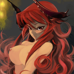 Rule 34 | 1girl, alf874, bad id, bad pixiv id, breasts, curly hair, demon girl, fang, highres, horns, large breasts, lipstick, long hair, makeup, maou beluzel, nipples, nude, original, red eyes, red hair, smile, solo, very long hair, yuusha to maou
