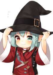 Rule 34 | 10s, 1girl, blue hair, blush, braid, elf, final fantasy, final fantasy xiv, green eyes, hand on headwear, hat, heterochromia, lalafell, looking at viewer, midorikawa you, pointy ears, red eyes, short hair, smile, solo, square enix, sweatdrop, warrior of light (ff14), witch hat