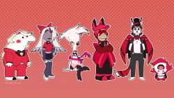 Rule 34 | 3boys, 3girls, absurdres, alastor (hazbin hotel), american dad!, angel dust, animal ears, apron, arm at side, arm support, arms at sides, bags under eyes, belt, black belt, black bow, black bowtie, black choker, black footwear, black gloves, black hair, black headwear, black lips, black pants, black sclera, black shorts, black skirt, black wings, blonde hair, blush stickers, bob&#039;s burgers, bob belcher, body fur, boots, bow, bowtie, buttons, cat boy, cat ears, charlie dompler, charlie morningstar, choker, cigarette, circle facial mark, closed mouth, coat, collared shirt, colored inner hair, colored sclera, colored skin, commentary, constricted pupils, crossed arms, crossed legs, cup, cyclops, dress, drinking glass, english commentary, extra arms, eyelashes, eyepatch, family guy, fingerless gloves, formal, frilled apron, frills, full body, fur-tipped tail, furry, furry male, genre connection, gloves, gradient background, grey hair, grey skin, hair bow, hair over one eye, half-closed eye, half-closed eyes, hat, hazbin hotel, high heel boots, high heels, highres, holding, holding cigarette, holding cup, homer simpson, husk (hazbin hotel), invisible chair, jacket, light frown, lois griffin, long hair, long sleeves, looking at viewer, mismatched sclera, monocle, monster boy, monster girl, multicolored hair, multicolored wings, multiple boys, multiple girls, multiple style parody, niffty (hazbin hotel), one-eyed, open mouth, outline, pants, parody, pink background, pink belt, pink dress, pink eyes, pink gloves, pink hair, pink jacket, pink sclera, polka dot, polka dot background, porky draws, puffy short sleeves, puffy sleeves, purple gloves, purple thighhighs, red-framed eyewear, red bow, red bowtie, red coat, red eyes, red hair, red jacket, red pants, red sclera, red suit, red wings, roger (american dad), shirt, shoes, short hair, short sleeves, shorts, simple background, sitting, skirt, smile, smiling friends, solid circle eyes, solid eye, south park, standing, straight-on, striped clothes, striped coat, striped jacket, style parody, suit, suspenders, tail, the simpsons, thigh boots, thighhighs, top hat, torn bow, torn clothes, torn coat, traditional bowtie, two-tone fur, two-tone hair, vaggie, very long hair, white apron, white footwear, white fur, white gloves, white hair, white outline, white shirt, wine glass, wing collar, wings, yellow eyes, yellow pupils, yellow sclera