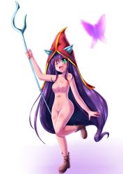 Rule 34 | 1girl, animal ears, body blush, boots, breasts, cleavage, cleft of venus, green eyes, hat, league of legends, long hair, lulu (league of legends), medium breasts, navel, nipples, nude, one eye closed, open mouth, purple hair, pussy, solo, staff, uncensored, very long hair, wink, witch hat, xano