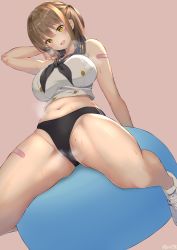 Rule 34 | 1girl, arm up, aymusk, ball, bandaid, black neckerchief, blush, breath, brown hair, buruma, exercise ball, highres, looking at viewer, medium hair, midriff, mole, mole on thigh, mole under eye, muscular, muscular female, navel, neckerchief, open mouth, original, shoes, simple background, smile, sneakers, solo, stomach, sweat, thick thighs, thighs, yellow eyes