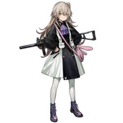 Rule 34 | 1girl, aged down, alternate costume, ascot, bag, black dress, boots, brown eyes, collared dress, cross-laced footwear, crossed bangs, curly hair, dress, full body, girls&#039; frontline, grey hair, gun, h&amp;k ump, h&amp;k ump, hair between eyes, hair ornament, hands on own hips, heckler &amp; koch, infukun, lace-up boots, lego, long hair, looking at viewer, official alternate costume, official art, one side up, pantyhose, purple ascot, purple footwear, scar, scar across eye, scar on face, shoulder bag, smile, smug, submachine gun, transparent background, two-tone dress, ump45 (agent lop rabbit) (girls&#039; frontline), ump45 (girls&#039; frontline), weapon, weapon on back, white dress, white pantyhose