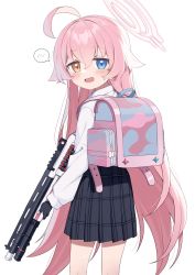 Rule 34 | 1girl, ahoge, backpack, bag, black gloves, blue archive, blue eyes, blush, commentary, fingerless gloves, gloves, gun, halo, heterochromia, highres, holding, holding gun, holding weapon, hoshino (blue archive), long hair, looking at viewer, open mouth, orange eyes, pink hair, pleated skirt, shirt, shotgun, simple background, skirt, solo, spoken blush, sweat, symbol-only commentary, very long hair, wagashi928, weapon, white background, white shirt