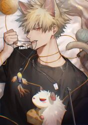 Rule 34 | 1boy, animal ear fluff, animal ears, artist name, bakugou katsuki, black shirt, blonde hair, boku no hero academia, cat, cat ears, cat teaser, cheese, clenched teeth, commentary request, earrings, fang, food, hand up, jewelry, lens flare, light particles, looking at viewer, lying, male focus, mouse, mouth hold, multiple earrings, on back, parted lips, raineemeow, red eyes, shirt, solo, spiked hair, teeth, thai commentary, v-shaped eyebrows, yarn, yarn ball