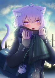 Rule 34 | 1girl, absurdres, ahoge, animal ear fluff, animal ears, bag, black jacket, black scarf, blue bag, blue sky, blush, cat ears, cat girl, cat tail, cellphone, cloud, enpera, highres, holding, holding phone, hololive, jacket, long sleeves, looking at viewer, medium hair, nekomata okayu, open mouth, phone, purple eyes, purple hair, scarf, school bag, sky, sleeves past wrists, smartphone, smile, solo, tail, tkc (user snjd8547), virtual youtuber