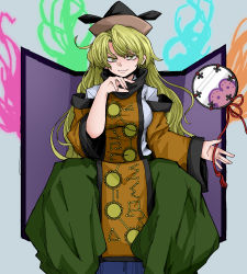 Rule 34 | 1girl, black hat, blonde hair, breasts, closed mouth, constellation print, drum, fe (tetsu), green skirt, grey background, hat, highres, instrument, large breasts, long hair, matara okina, orange sleeves, simple background, sitting, skirt, smile, solo, tabard, touhou, tsuzumi, wide sleeves, yellow eyes