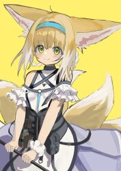Rule 34 | 1girl, animal ears, arknights, bare shoulders, black collar, blonde hair, blue hairband, blush, braid, braided hair rings, closed mouth, clothing cutout, collar, colored tips, commentary, dress, fox ears, fox girl, fox tail, frilled sleeves, frills, green eyes, hair rings, hairband, highres, holding, infection monitor (arknights), kitsune, kyuubi, looking at viewer, material growth, mikeneko90, multicolored hair, multiple tails, oripathy lesion (arknights), purple dress, short sleeves, shoulder cutout, simple background, single wrist cuff, smile, solo, split mouth, suzuran (arknights), tail, twin braids, two-tone hair, white hair, wrist cuffs, yellow background