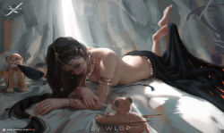 Rule 34 | 1girl, animal, artist name, bare shoulders, barefoot, biting, bra, bracelet, brown hair, cat, commentary, copyright name, fingernails, ghostblade, hair ornament, harem outfit, highres, jewelry, long hair, looking down, lying, on stomach, patreon username, the pose, topless, underwear, unworn bra, wlop