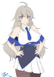 Rule 34 | 1girl, ahoge, bare shoulders, blue necktie, brown pantyhose, cowboy shot, flat color, grey eyes, hands on own hips, highres, kantai collection, long hair, military, military uniform, necktie, off shoulder, pantyhose, pleated skirt, shirt, silver hair, simple background, skirt, sleeveless, sleeveless shirt, solo, t2r, thighband pantyhose, unfinished, uniform, washington (kancolle), white background, white shirt, white skirt