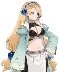 Rule 34 | 1girl, armor, asymmetrical bangs, atelier (series), atelier marie, bikini armor, blonde hair, blue eyes, breasts, cleavage, closed mouth, coat, earrings, green coat, hair ornament, hand on own hip, headdress, jewelry, loincloth, long hair, long sleeves, low-tied long hair, marie (atelier), medium breasts, navel, official art, open clothes, open coat, simple background, solo, transparent background, very long hair, wide sleeves