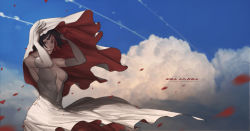 Rule 34 | 10s, 1girl, bare shoulders, black hair, blue sky, breasts, cloud, contrail, copyright name, day, dress, gloves, hands up, kill la kill, lan se fangying, large breasts, looking at viewer, matoi ryuuko, motion blur, multicolored hair, petals, red hair, short hair, sky, smile, solo, strapless, strapless dress, streaked hair, veil, white dress, white gloves, wind