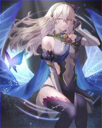 Rule 34 | 1girl, ai tkkm, bare shoulders, between legs, black background, black dress, black gloves, black panties, black thighhighs, blue butterfly, blue cape, blue flower, blue sash, blurry, bug, butterfly, butterfly hair ornament, cape, clothing cutout, corrin (female) (fire emblem), corrin (female) (resplendent) (fire emblem), corrin (fire emblem), covered navel, depth of field, detached sleeves, dress, fire emblem, fire emblem fates, fire emblem heroes, flower, gloves, gold trim, grey hair, grey sleeves, hair flower, hair ornament, hair vines, hairband, hand between legs, hand up, highres, insect, juliet sleeves, light particles, long hair, long sleeves, looking at animal, looking to the side, nintendo, official alternate costume, panties, panty straps, parted lips, pink eyes, pink flower, plant, pointy ears, puffy sleeves, sash, see-through, see-through cutout, short dress, shoulder sash, side cutout, sitting, solo, star (symbol), thighhighs, turtleneck, turtleneck dress, underwear, vines, wind, yellow flower