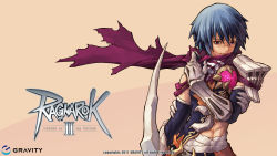 Rule 34 | 1boy, armor, assassin (ro2), blue hair, eremes guile, highres, male focus, myung-jin lee, official art, official wallpaper, ragnarok online 2: legend of the second, scar, scarf, solo, wallpaper, weapon