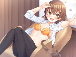 Rule 34 | 1girl, :d, arms up, biyoushitsu aphrodite, black pants, blush, bra, brown eyes, brown hair, chair, collared shirt, feet out of frame, female focus, frilled bra, frills, hair ornament, hairclip, highres, indoors, knees together feet apart, knees up, long sleeves, looking at viewer, lying, matching hair/eyes, navel, official art, on back, open clothes, open mouth, open shirt, orange bra, outstretched arm, pants, shirt, short hair, sink, sleeves rolled up, smile, solo, super nagoyaka, underwear, white shirt, yurumi narumi
